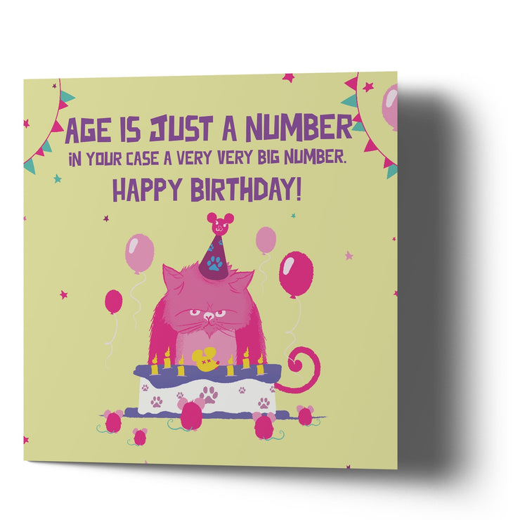 Happy Birthday Ages is Just a Number Cat & Cake - Greetings Cards