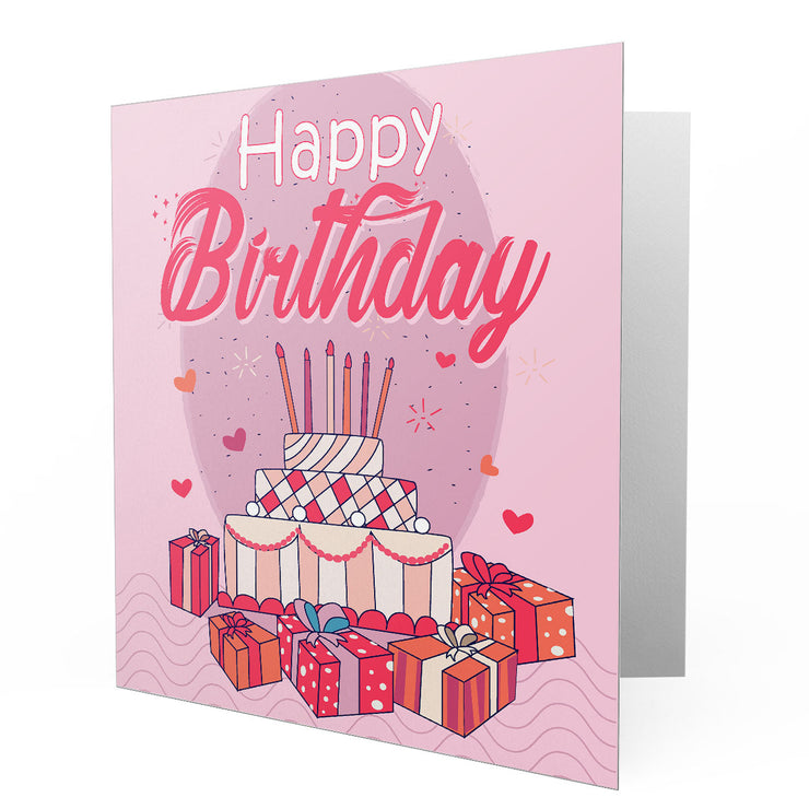 Happy Birthday Presents & Cake with Caddles - Pink - Greetings Cards