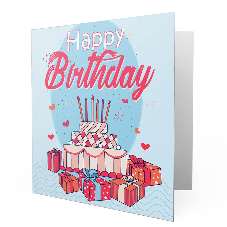 Happy Birthday Presents & Cake with Caddles - Blue - Greetings Cards