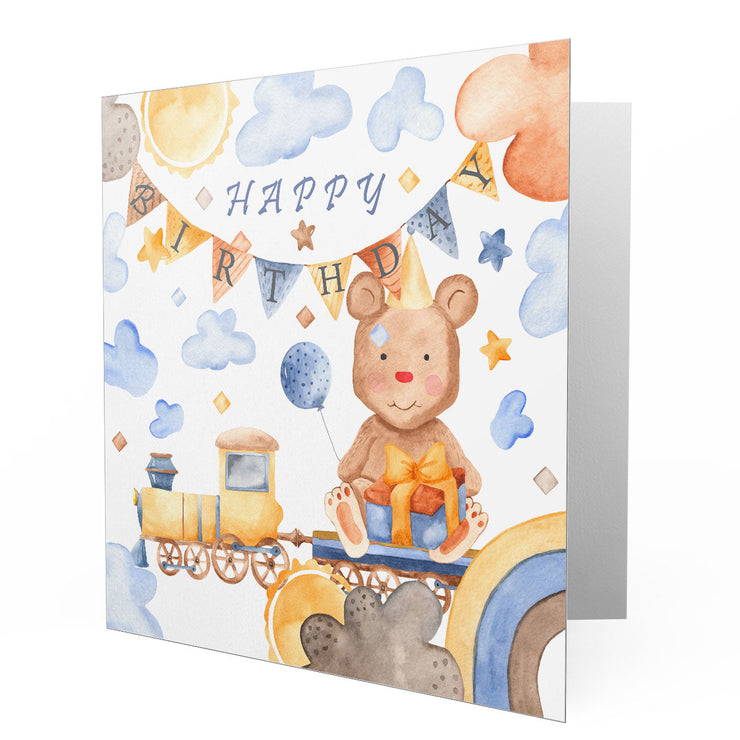 Happy Birthday Watercolor illustration Teddy on Train Greetings Cards