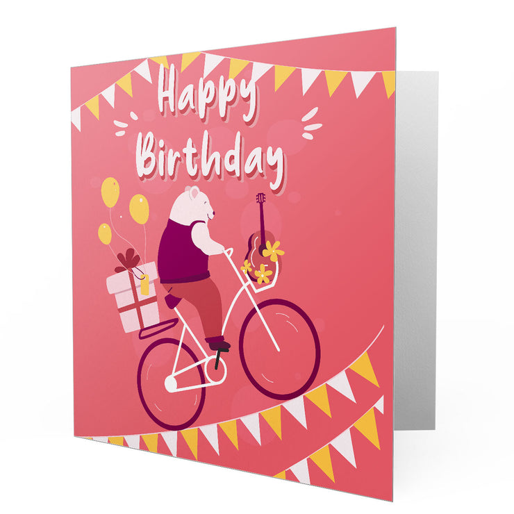 Happy Birthday Polar Bear on bike riding bunting - Greetings Cards