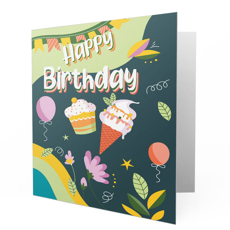 Happy Birthday Cakes Flowers Balloon - Greetings Cards