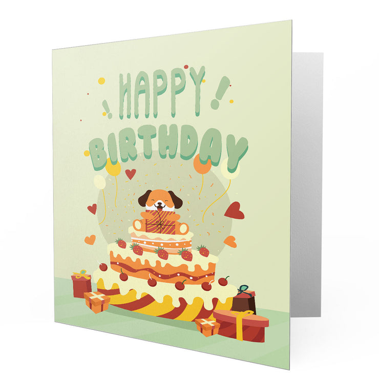 Happy Birthday Dog Strawberry Cake and Presents - Greetings Cards