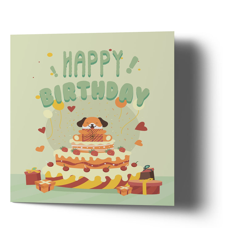 Happy Birthday Dog Strawberry Cake and Presents - Greetings Cards