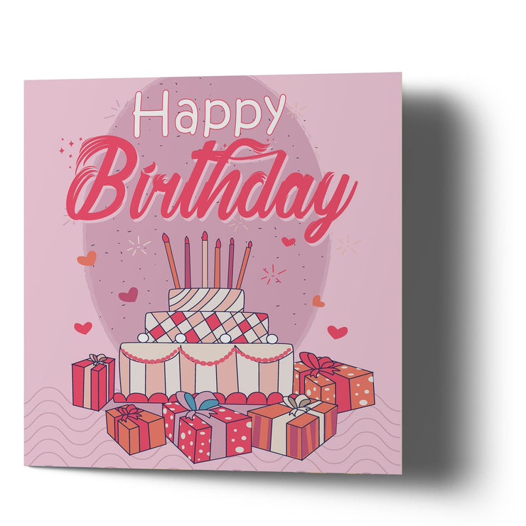 Happy Birthday Presents & Cake with Caddles - Pink - Greetings Cards