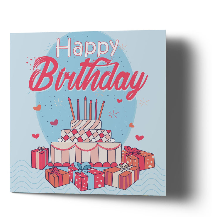 Happy Birthday Presents & Cake with Caddles - Blue - Greetings Cards