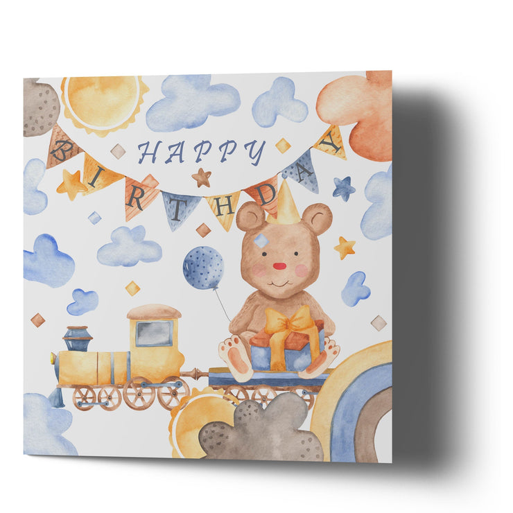 Happy Birthday Watercolor illustration Teddy on Train Greetings Cards